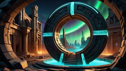 Prompt: magical portal between cities realms worlds kingdoms, circular portal, ring standing on edge, upright ring, freestanding ring, hieroglyphs on ring, complete ring, ruins, ancient roman architecture, atlantis city plaza setting, aurora borealis, panoramic view, dark night, futuristic cyberpunk tech-noir setting