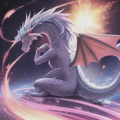 Prompt: A great dragon looking at a galaxy