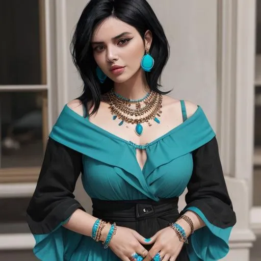 Prompt: Woman with black hair wearing turquoise jewelry
