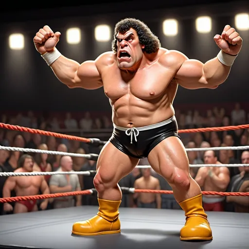 Prompt: A little person, Looney Toons style, photo, photorealistic, WWE Andre the Giant stepping over the ropes, wrestling ring setting, audience, comical expressions, exaggerated features, detailed surroundings, high quality, humorous, funny, vibrant colors, dynamic lighting, theatrical lighting, high quality, detailed, professional, animated shading, cartoon realism, detailed expression,
