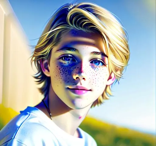 Prompt: Hyperrealistic Hyperrealism front view of face (headshot) (straight forward view) facing camera Beautiful young teen boy, (kid cole sprouse)+++ blond boy, straight hair, happy eyes, innocent, boy model, 16 years old, pretty, cute, freckles, cinematic lighting, blue sky, bright colors, blue, green, yellow, white,  luminous, hyperdetailed, great composition, professional, artstation award