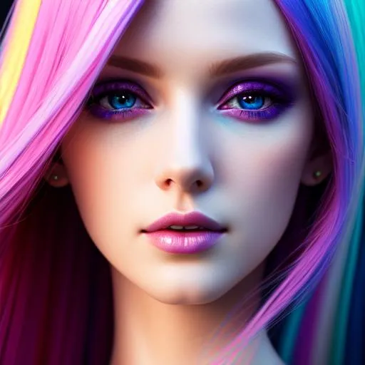 Prompt: HDR, UHD, 64k, best quality, pale skin, unrealistically, multicolored hair,  UHD, hd , 64k, , hyper realism, Very detailed, full body, hyper realism, Very detailed, female anime, slender body, in hyperrealistic detail, rainbow hair, facial closeup, heavy makeup