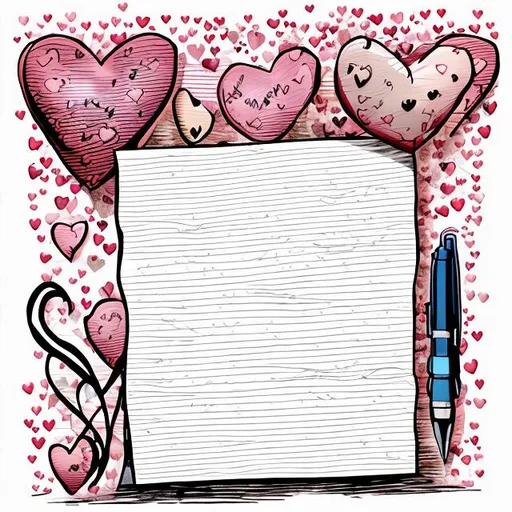 Prompt: Illustration of a letter with feder pen and ink ,with hearts drawn on it, and more hearts decorated around, comic book style