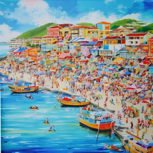 Prompt: Seaside Village Festival in Acrylic