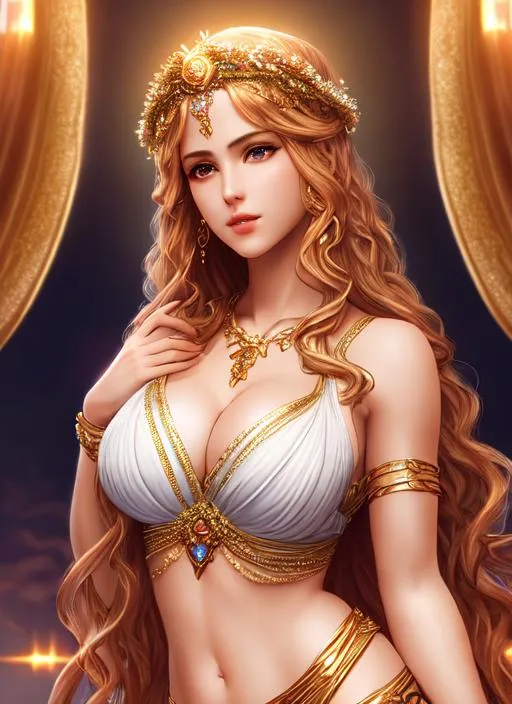 Prompt: Aphrodite goddess of love, very beautiful woman  in heavenly realm, epic dramatization, hyper realism, highly detailed, showing cleavage but still elegant, cinematic lighting grandeur nuance.