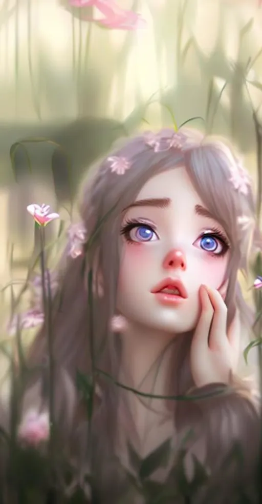 Prompt: A realistic beautiful anime character with amazing looking features with a small flower tuck in the hair

