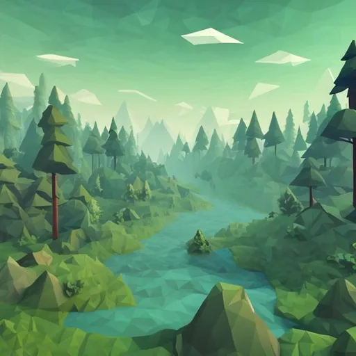 Prompt: A forest landscape with a big river crossing the image, in a low poly videogame style