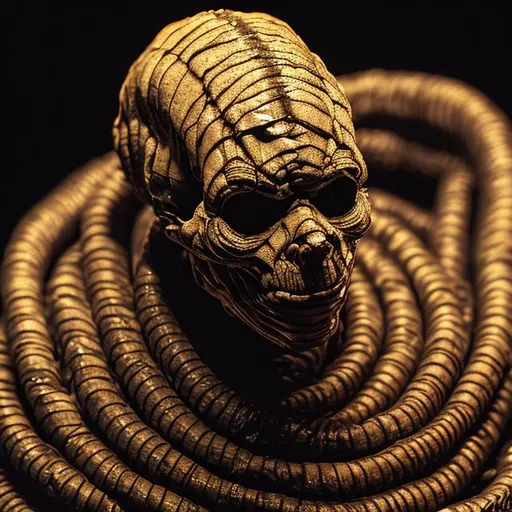 Prompt: menacing figure of Apophis, its coils tightly wrapped around a human skull, its eyes glowing with a sinister intent.
