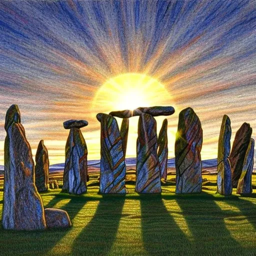 Prompt: colour pencil drawing of the summer solstice at Callanish standing stones.