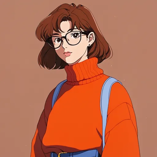 Prompt: 90's anime, cel shaded. A young woman with short brown hair, freckles and glasses. She wears an orange turtleneck and red pleated skirt