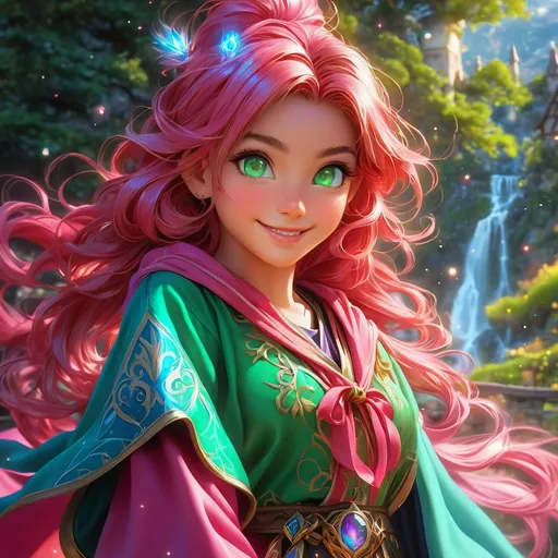 Prompt: Full body, oil painting, D&D fantasy, tanned-skinned-gnome girl, tanned-skinned-female, ((tiny short petite body)), ((beautiful detailed face and glowing anime green eyes)), very cute, smiling, short bright pink hair, pigtails, pointed ears, looking at the viewer, Wizard wearing intricate red and blue wizard robes, intricate hyper detailed hair, intricate hyper detailed eyelashes, intricate hyper detailed shining pupils #3238, UHD, hd , 8k eyes, detailed face, big anime dreamy eyes, 8k eyes, intricate details, insanely detailed, masterpiece, cinematic lighting, 8k, complementary colors, golden ratio, octane render, volumetric lighting, unreal 5, artwork, concept art, cover, top model, light on hair colorful glamourous hyperdetailed medieval tavern background, intricate hyperdetailed breathtaking colorful glamorous scenic view landscape, ultra-fine details, hyper-focused, deep colors, dramatic lighting, ambient lighting god rays | by sakimi chan, artgerm, wlop, pixiv, tumblr, instagram, deviantart