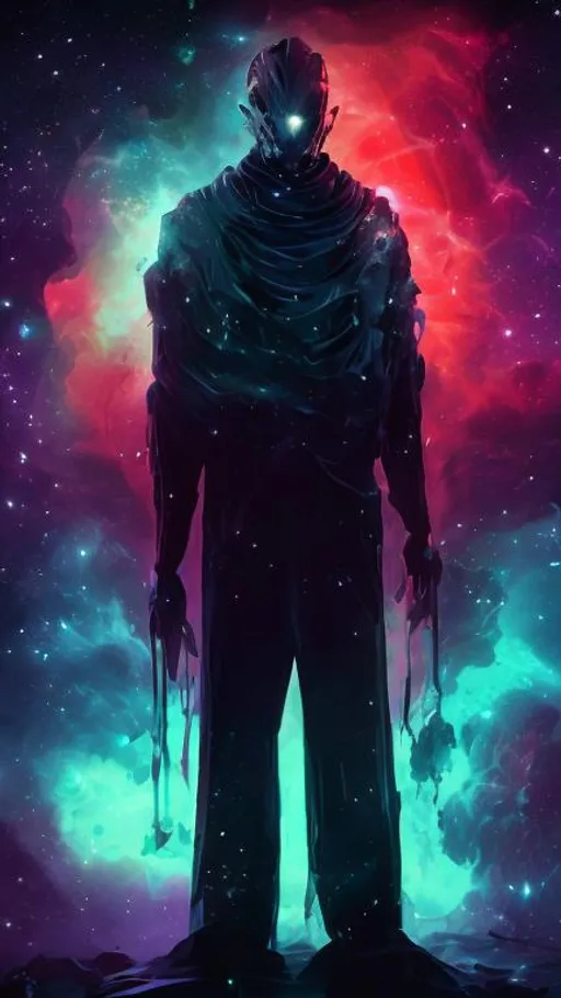Prompt: An accumulation of stars, galaxies and nebulas in a vaguely-humanoid-male-shape with open arms and covered in black robes standing on shattered rock. Behance HD