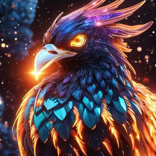 Prompt: Headshot of A crystal-clear glass bioluminescent phoenix that is glowing, nebula fireballs and lava, beneath the stars, sunset, highres, best quality, concept art, 8k