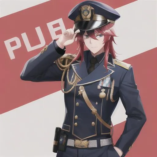 Prompt: Zerif 1male as a male police officer (Red side-swept hair covering his right eye)UHD, 8K, Highly detailed, insane detail, best quality, high quality, wearing a blue male police uniform, anime style, tilting his hat, standing in front of a cop car