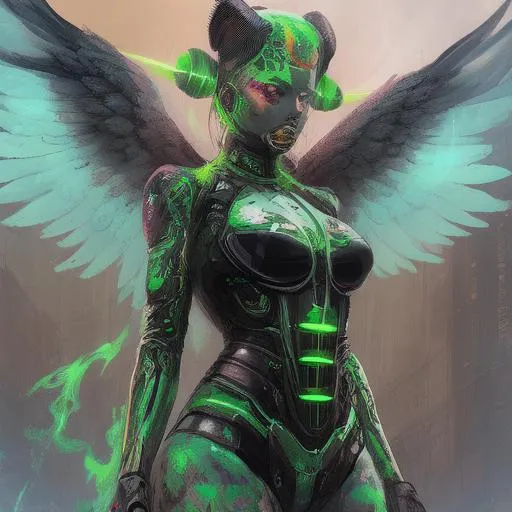 Prompt: Beautiful female angel of death, radiation, Chernobyl, green, gothic, stalker, tattoos, cyberpunk, mech, red fire