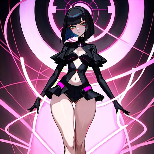 Prompt: a lonely AI girl, very tall, thick thighs, wide hips, long legs, slender arms, slender waist, big beautiful symmetrical eyes, intriguingly beautiful face, aloof expression, bob haircut with bangs, wearing acid-witchouse neo-GothPop fashion clothes, 12K resolution, hyper quality, hyper-detailed, hyper-realistic, hyper-professional