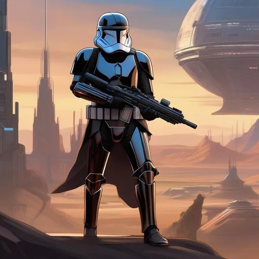 Prompt: Whole body, full figure. A first order stormtrooper in black armor. He wears mandalorian helmet. T-shaped visor. He wields a rifle. In background a scifi city. Star wars art. Rpg art. 2d art. 2d. 