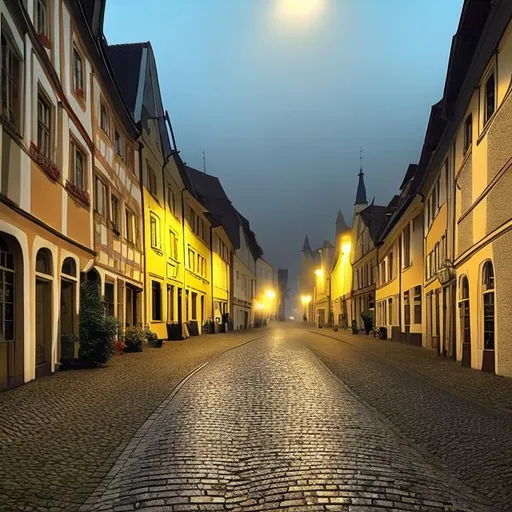 Prompt: a hazy picture of a cobbled street in a small town in germany. early morning. street lamps still on. the yellow light from the street lamps contrasts with the bluish lights of the sky. a road curves down in the middle before slowly rising up. only 3 or 4 people can be seen far in the distance. the perspective is very wide and open. 
