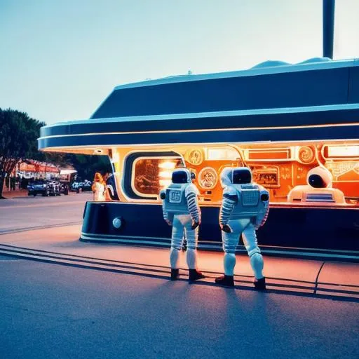 Prompt: a group retro futuristic astronaut with futuristic helmets going to their spaceship. The ship is parked in front of an futuristic diner. 1970s. 4k