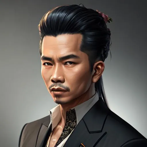 Prompt: Portrait of indonesian man {character} with balinese hair, mafia boss, mafia clothes, tattoos, {background}, perfect composition, hyperrealistic, super detailed, 8k, high quality, trending art, trending on artstation, sharp focus, studio photo, intricate details, highly detailed, by greg rutkowski