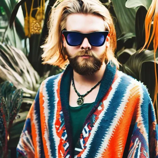 Prompt: Sven, Swedish DJ, blonde, bearded, beaded necklace, house plants, navajo pancho, sunglasses, cool, shique, anime