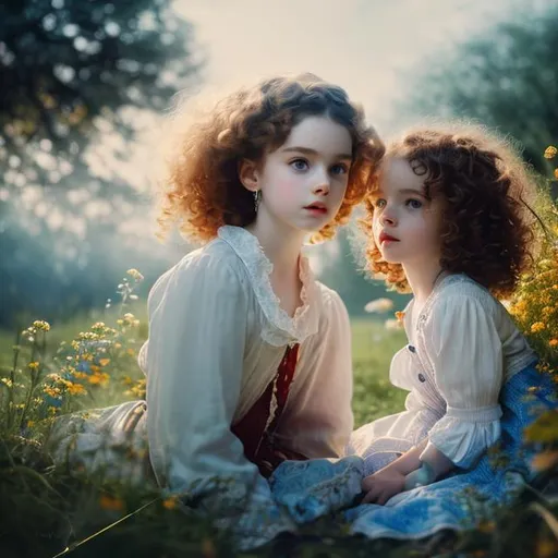 Prompt: Black hair  men with blue eyes, pale skin,playing with a little girl, red curly hair,clothes from 18th century,analog filter, perfect composition, hyperrealistic, super detailed, 8k, high quality, trending art, trending on artstation, sharp focus, intricate details, highly detailed,cottagecore aesthetic