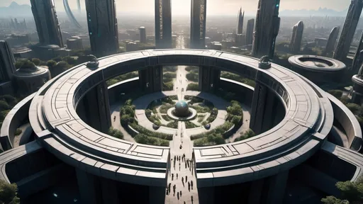 Prompt: human-scale circular portal, portal between different cities realms worlds kingdoms, ring standing on edge, freestanding ring, hieroglyphs on ring, complete ring, obelisks, futuristic towers, garden plaza, large wide-open city plaza, wide vista view, futuristic cyberpunk dystopian setting