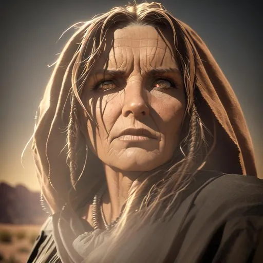 Prompt: Brooding, tense, foreboding 3D HD dramatic cinematic lighting [({one}Female as a dusty beautiful {Old-West}Gunfighter)], expansive Arizona desert background, sunset hyper realistic, 8K --s98500