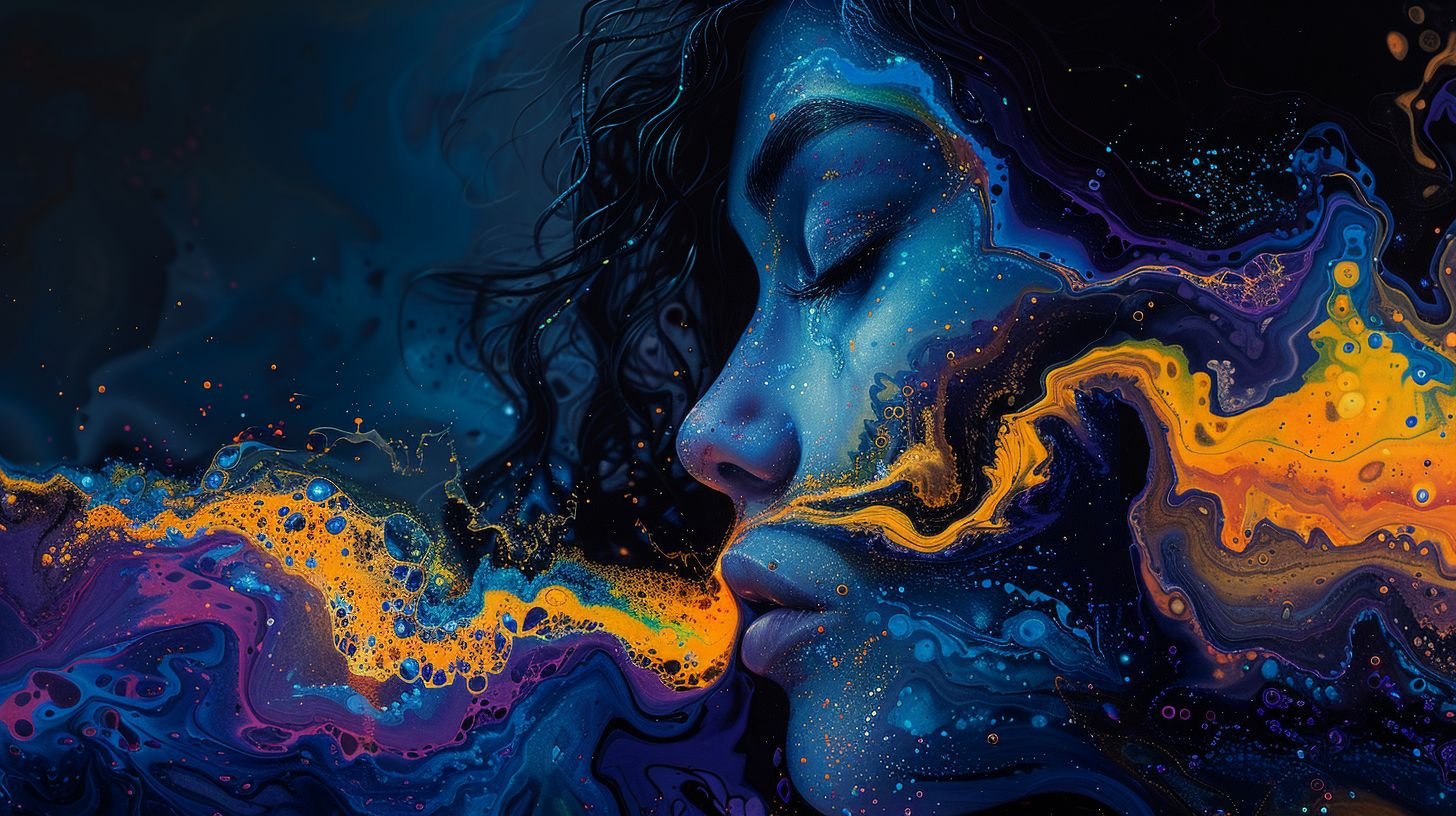 Prompt: A psychedelic painting of an attractive woman, the colors flow like liquid and create beautiful patterns in her face against a dark background, rendered in a hyper realistic, hyper detailed style.