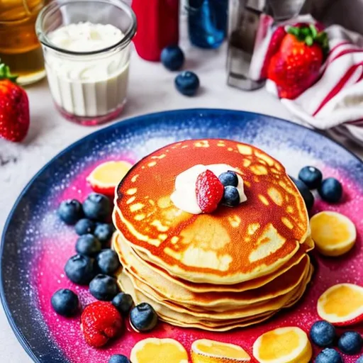 Prompt: american pancakes on a craft plate, colorful, hand painted style