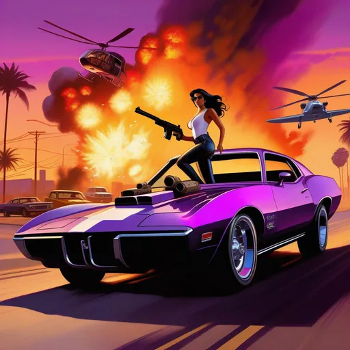 Prompt: GTA cover art, latina woman with guns, explosions, car chase, cartoony, dark purple atmosphere, extremely detailed painting by Greg Rutkowski and by Henry Justice Ford and by Steve Henderson