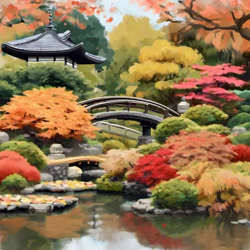 Prompt: “Impressionist landscape of a Japanese garden in autumn, with a bridge over a koi pond.”