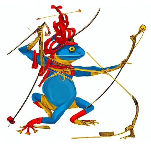 Prompt: venomous anthropomorphic Costa Rica blue frog humanoid dressed as a kyudo archer, wearing a red silk kimono and gold hindu jewelry, carying a japanese bow and quiver in a japanesse Wes Anderson's movie, dnd samurai frogfolk, photorealistic