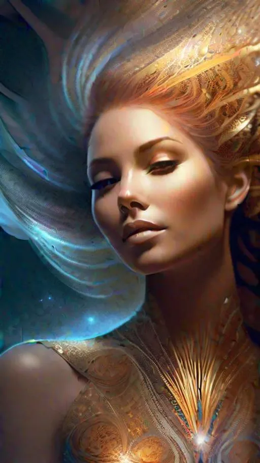 Prompt: {{{highest quality concept art masterpiece}}}} digital drawing oil painting, full body  female {{visible fractal textured brush strokes}},cosmic, ethereal, goddess of light ,closeup, medium sable cosmic fractal hair, high color