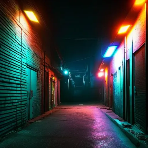 Prompt: Back Alley with neon lights, dark 
