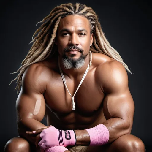 Prompt: long shot with a very handsome, middle-aged Afro-Latino hunky hairy chubby man with longer sandy brown curled dreadlocks, light eyes, thick pink lips, "hyperreal detailed face", calm smile, attractive pink lips, whole body in shot, detailed facial features, detailed locs, hyperreal, perfect composition, hyperrealistic, super detailed, 8k, high quality, sharp focus, studio photo, photography, natural light, intricate details, highly detailed, hyperrealistic, very long hair locs, soaked, real texture, full body portrait of "insolent" hypermasculine man ,with thick "hairy muscular thighs", wearing "tight shirt", manspreading, huge mooseknuckle, arena, perfect composition, hyperrealistic, super detailed, 8k, high quality, social media travel post, sharp focus, studio photo, intricate details, highly detailed,