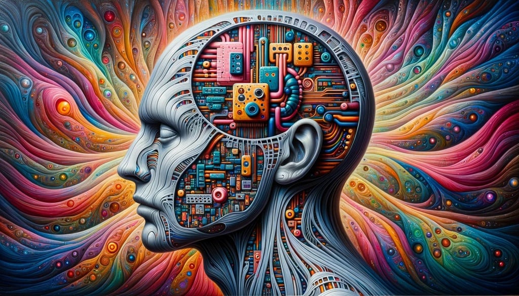 Prompt: A surreal oil painting of a human head with features that resemble computer components. The background is awash with psychedelic patterns and neon hues, and the skin looks like a canvas of detailed body art.