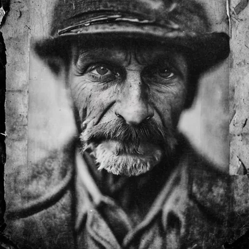 Prompt: ::old worn photograph of a forgotten man from a previous century:: ::black and white::  ::haunting eyes:: ::broken heart::  desolate gritty grim ::dark eyes::  ::thousand yard stare:: harsh unpleasant sad weeping