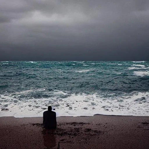 Prompt: A sad man in open sea with the sky falling 