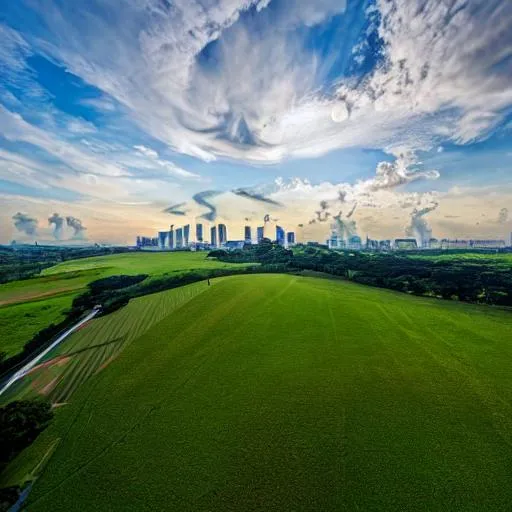 Prompt: hdri of an open field with the camera elevated 12 meters above the ground on a sunny day in singapore