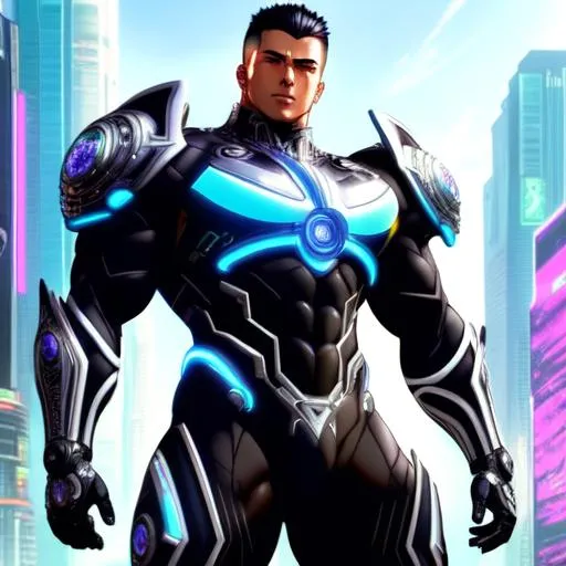 Prompt: detailed anime style of beautiful detailed muscled man with futuristic ipertecnologic armor suit, full body, centered, slender and proportionate physique, above average height, even and groomed skin and healthy and well-groomed hair, plants and gems in cyberpunk context, 8k resolution, concept art by Alex Ross, WLOP, hyperdetailed intricately detailed, colorful