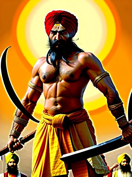 Prompt: Muscular sikh warrior in anger standing in wild in god’s blessing 