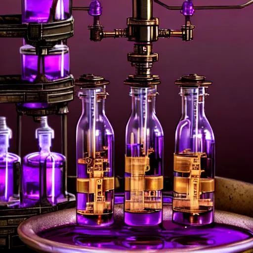 Prompt: A steampunk-style scientific laboratory with vials of purple liquid and bathed in candlelight.