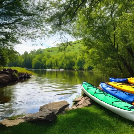 Prompt: green grass by a river with kayaks