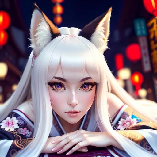 Prompt: 
Greg rutkowski,

Long shot, bottom looking up,

Full body girl lying down , long legs, hyperdetailed, kimono, fox ears, 
Back turned,

Perfect face, hyperdetailed cute face, hyperdetailed intricate eyes, intricate long white hair , middle part,

Long slender hands, perfect proportions,

Anxious, 

Colorful glamorous hyperdetailed intricate medieval japanese city background, long exposure, vivid colors,

Elegant, graceful,

HDR, UHD, high res, 64k, cinematic lighting, special effects, hd octane render, professional photograph, studio lighting, trending on artstation, 