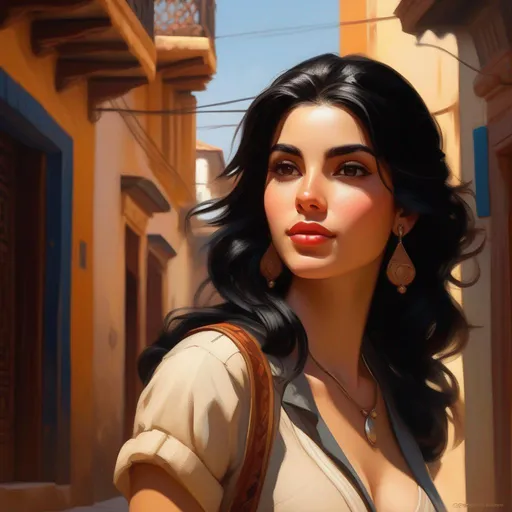 Prompt: Third person, gameplay, Cuban girl, pale skin, black hair, brown eyes, Habana Vieja, warm atmosphere, cartoony style, extremely detailed painting by Greg Rutkowski and by Henry Justice Ford and by Steve Henderson 

