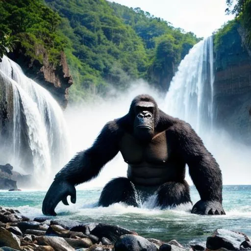 Prompt: King Kong on a beach underneath a waterfall . Photo realistic 4k ,high dynamic range 