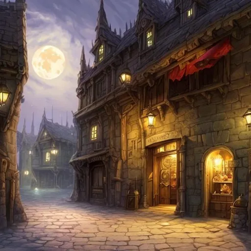 Prompt: concept art, fantasy, full moon, town near salt flats, dungeon equipment street market