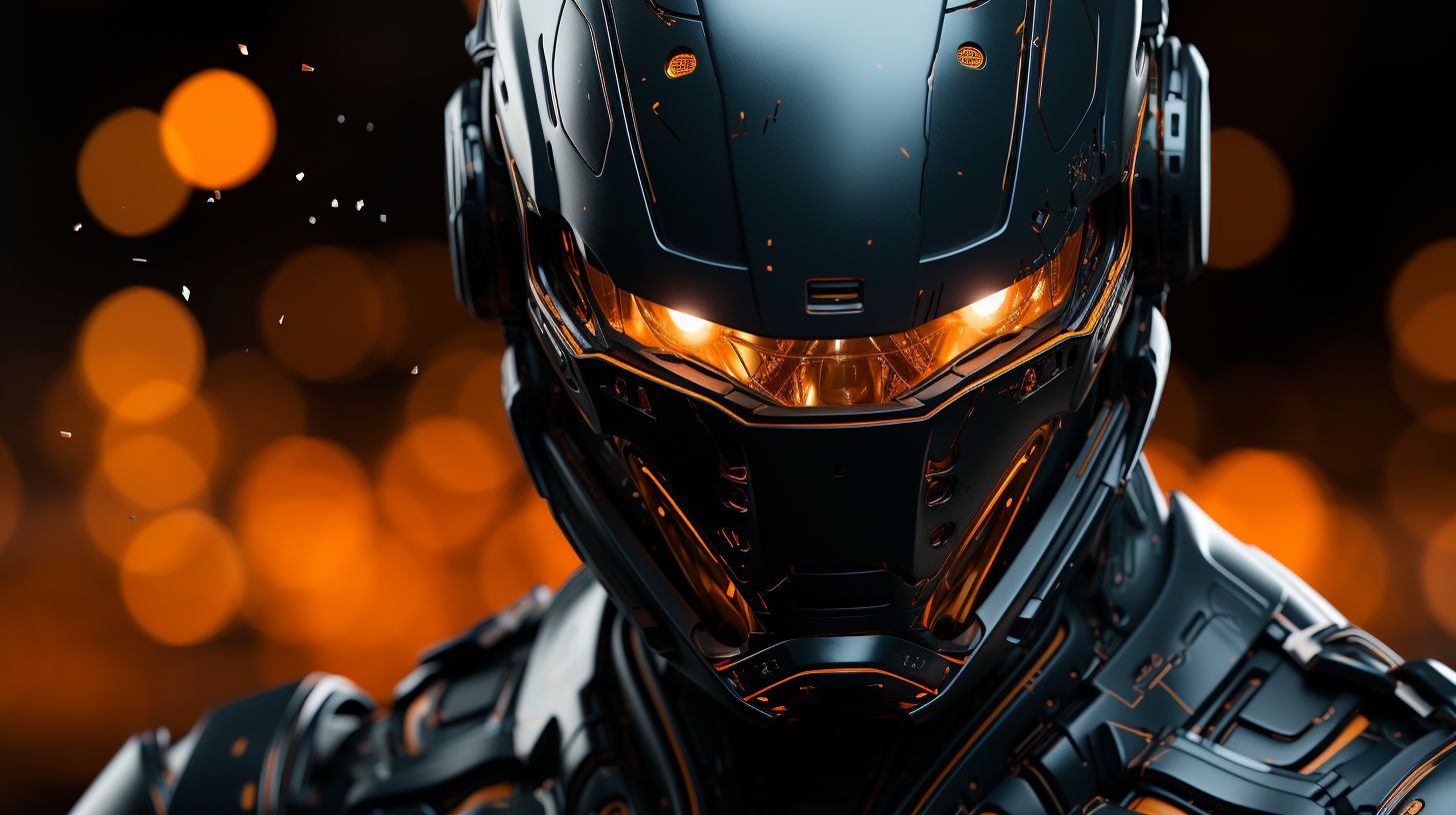 Prompt: A futuristic humanoid robot with a glossy black exterior is adorned with intricate orange lighting and details. Its head features an illuminating blue eye, resembling a high-tech visor, and its body glistens with mechanical intricacies set against a dimly lit backdrop.