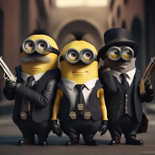 Prompt: Photorealistic Minions dressed like the italian mafia with guns